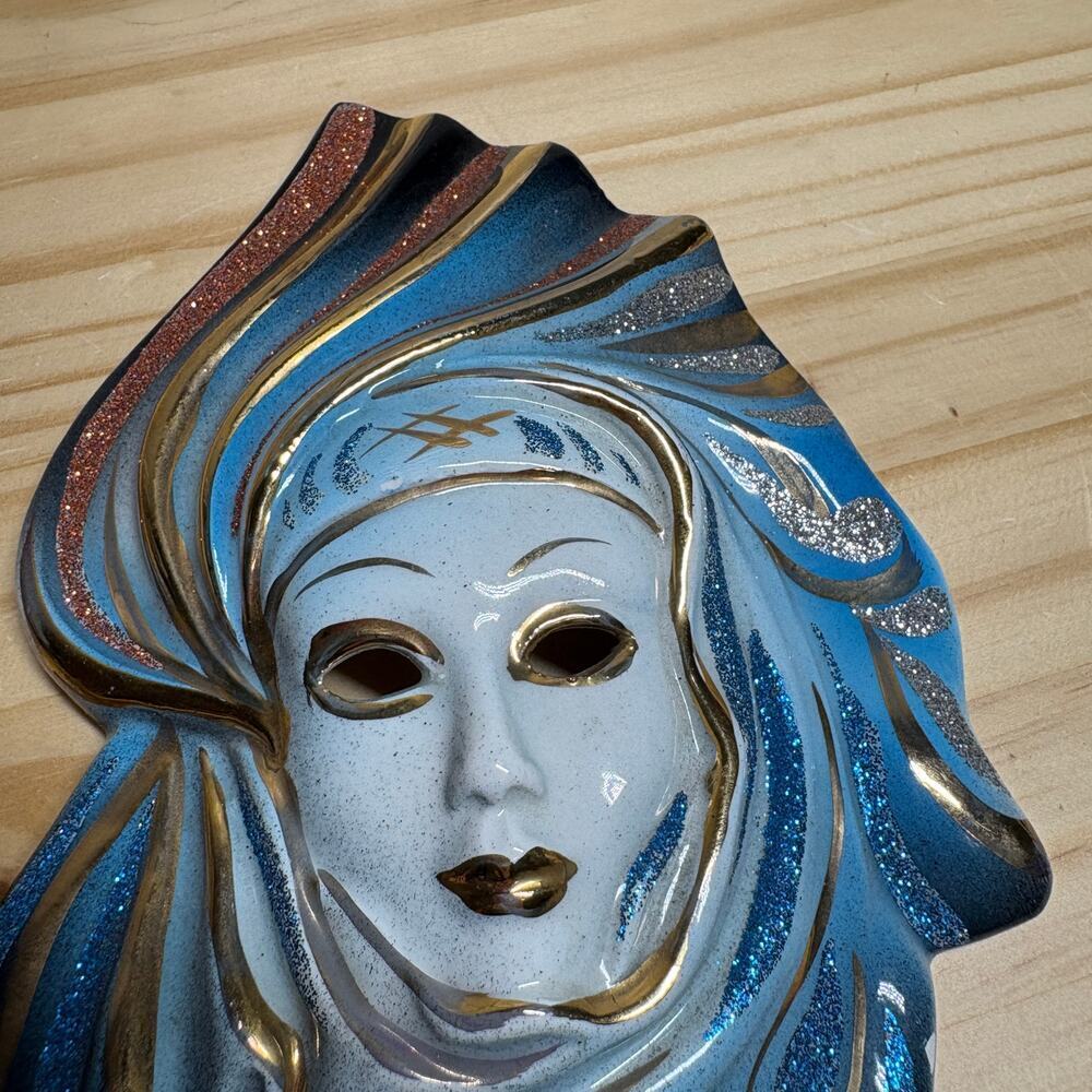 Vintage Womens Decorative Ceramic Mask Mascara Blue Gold 5X6 - Picture 3 of 8